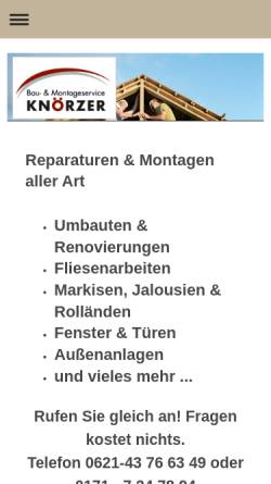 Vorschau der mobilen Webseite www.bm-knoerzer.de, Bau- & Montageservice Knörzer - Home