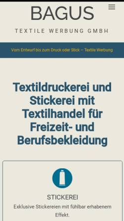 Vorschau der mobilen Webseite www.bagus-stuttgart.de, Bagus Textile Werbung Druck u. Stick e.K
