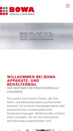 Vorschau der mobilen Webseite www.bowa-apparatebau.de, Bowa GmbH Apparate- und Behälterbau