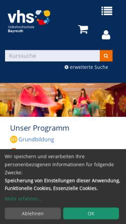 Vorschau der mobilen Webseite www.vhs-bayreuth.de, Volkshochschule Bayreuth
