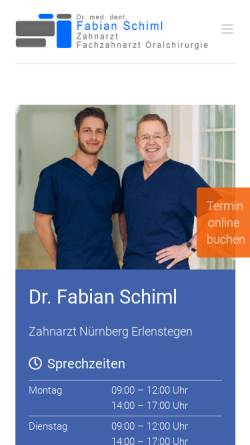 Vorschau der mobilen Webseite www.zahnarzt-nuernberg-erlenstegen.de, Zahnarztpraxis Dr. Reinhold Schiml