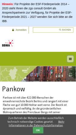 Vorschau der mobilen Webseite www.bbwa-berlin.de, Bezirkliche Bündnisse für Wirtschaft und Arbeit Pankow (BBWA)