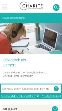 Vorschau der mobilen Webseite bibliothek.charite.de, Medizinische Bibliothek des Universitätsklinikums Charité