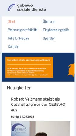 Vorschau der mobilen Webseite www.gebewo.de, GEBEWO - Soziale Dienste- Berlin gGmbH