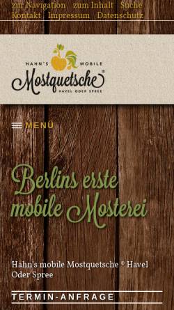 Vorschau der mobilen Webseite mostquetsche.de, Hahn's mobile Mostquetsche - Inh. Eva-Bertina Hahn-Flach