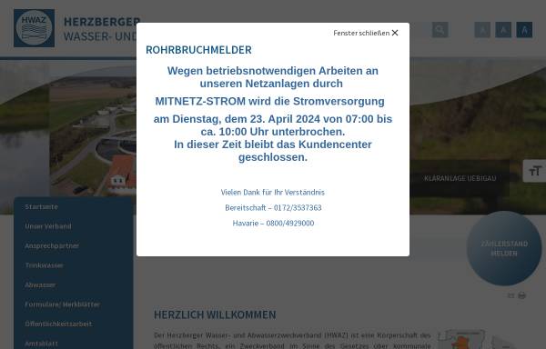 Vorschau von www.hwaz.de, HWAZ - Herzberger Wasser- und Abwasserzweckverband