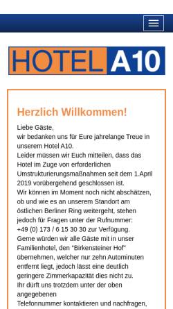 Vorschau der mobilen Webseite www.hotel-a10.de, Hotel A10 - Inh. Matthias Redanz