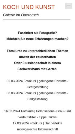 Vorschau der mobilen Webseite www.kochundkunst.de, Koch und Kunst - Galerie im Oderbruch