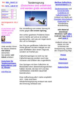 Vorschau der mobilen Webseite www.tandemsprung.de, Berliner Fallschirmsportverband e. V.