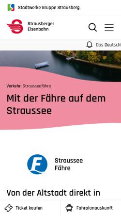 Vorschau der mobilen Webseite www.strausbergereisenbahn.de, Strausseefähre - Strausberger Eisenbahn GmbH und Stadtwerke Strausberg GmbH