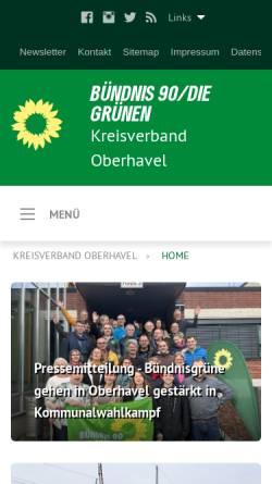 Vorschau der mobilen Webseite www.gruene-ohv.de, Bündnis 90/Die Grünen Kreisverband Oberhavel