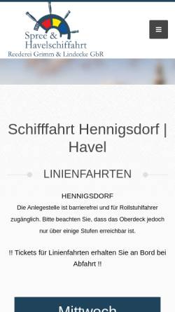 Vorschau der mobilen Webseite www.spree-havelschiffahrt.de, Linie Hennigsdorf, Spree & Havelschifffahrt Reederei Grimm & Lindecke