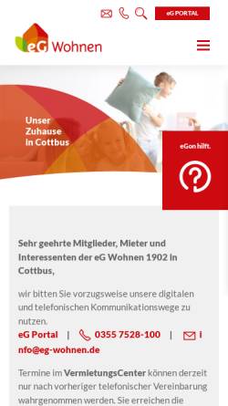Vorschau der mobilen Webseite www.eg-wohnen.de, eG Wohnen 1902