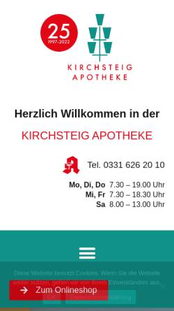 Vorschau der mobilen Webseite www.kirchsteig-apotheke.de, Kirchsteig Apotheke - Antje Oesberg e.Kfr.