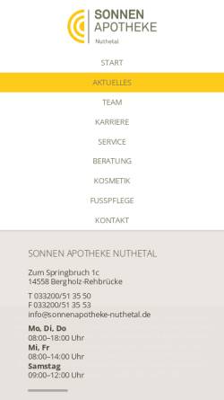 Vorschau der mobilen Webseite www.sonnenapotheke-nuthetal.de, Sonnenapotheke Nuthetal - Claudia Hilbert- Schiller e.K.