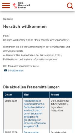 Vorschau der mobilen Webseite www.senatspressestelle.bremen.de, Senatspressestelle
