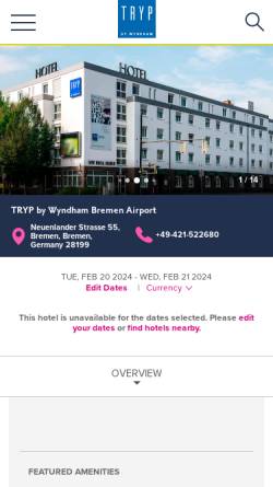 Vorschau der mobilen Webseite www.wyndhamhotels.com, Tryp by Wyndham Hotel Bremen Airport