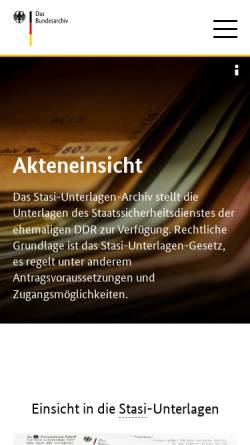 Vorschau der mobilen Webseite www.bstu.bund.de, BStU - Einsicht und Überprüfungen von Stasi - Unterlagen