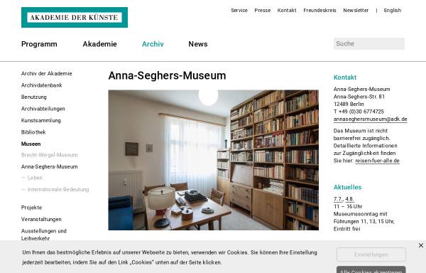 Vorschau von www.adk.de, Anna Seghers Gedenkstätte der Akademie der Künste, Berlin
