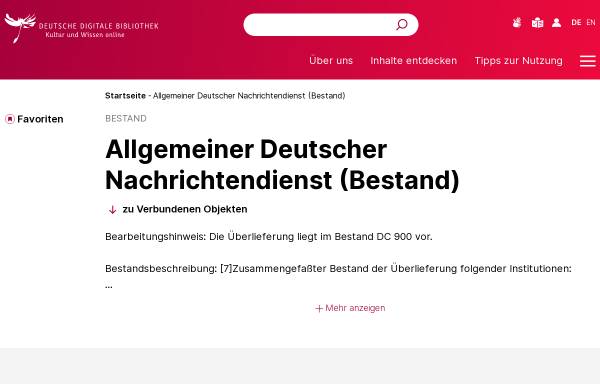 Vorschau von www.deutsche-digitale-bibliothek.de, Staatl. Presseagentur Allgemeiner Deutscher Nachrichtendienst (ADN) - Deutsche Digitale Bibliothek