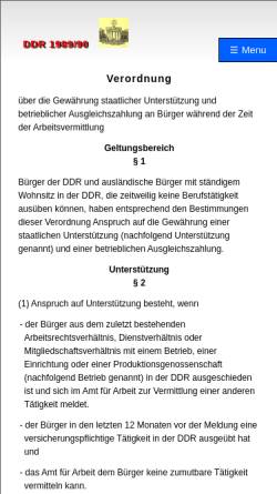 Vorschau der mobilen Webseite www.ddr89.de, Verordnung über die Gewährung staatlicher Unterstützung und betrieblicher Ausgleichszahlung an Bürger während der Zeit der Arbeitsvermittlung