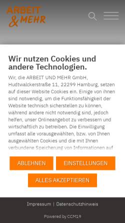Vorschau der mobilen Webseite www.arbeit-und-mehr.de, Arbeit und Mehr - Karin Pitschel und Marlis Krause Zeitarbeit und Arbeitsvermittlung GmbH
