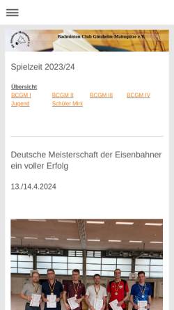 Vorschau der mobilen Webseite www.bc-ginsheim-mainspitze.de, Badminton Club Ginsheim-Mainspitze e.V.