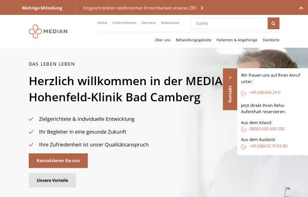 Vorschau von www.median-kliniken.de, MEDIAN Hohenfeld-Kliniken Bad Camberg/Ts.