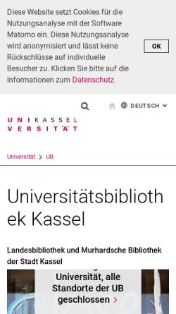 Vorschau der mobilen Webseite www.uni-kassel.de, Universitätsbibliothek Kassel, Landesbibliothek und Murhardsche Bibliothek der Stadt Kassel