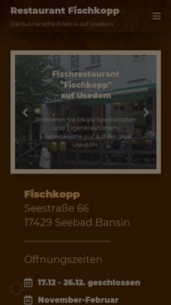 Vorschau der mobilen Webseite fischkopp-bansin.de, Restaurant Fischkopp