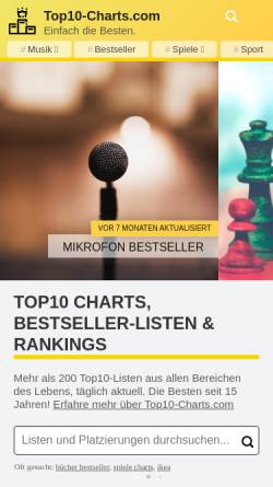 Vorschau der mobilen Webseite www.top10-charts.com, Top10-Charts.com