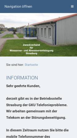 Vorschau der mobilen Webseite www.zvb-strasburg.de, Zweckverband für Wasserver- und Abwasserentsorgung
