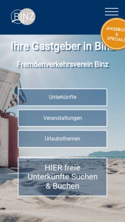 Vorschau der mobilen Webseite www.gastgeber-binz.de, Fremdenverkehrsverein Binz e.V. (FVV)