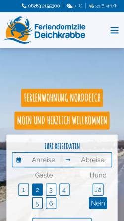 Vorschau der mobilen Webseite www.erholen-nordsee.de, Feriendomizile Deichkrabbe