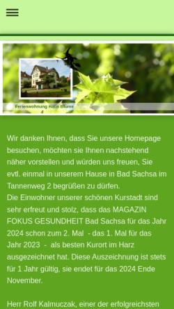 Vorschau der mobilen Webseite www.badsachsa-haus-blume.de, 3-Sterne-Ferienwohnung Haus Blume - Silvia Appenrodt