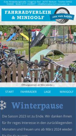 Vorschau der mobilen Webseite www.fahrradverleih-vanraden.de, Fahrradverleih und Minigolf, Jan van Raden