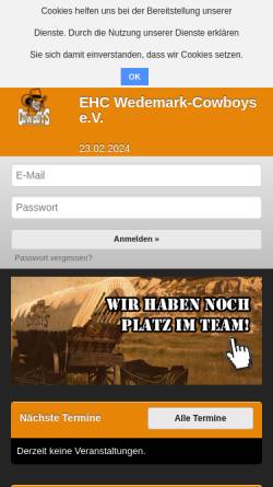 Vorschau der mobilen Webseite wedemark-cowboys.sportengine.de, EHC Wedemark-Cowboys e.V.