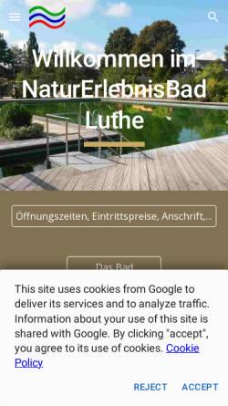 Vorschau der mobilen Webseite www.naturerlebnisbad-luthe.de, NaturErlebnisBad Luthe eG