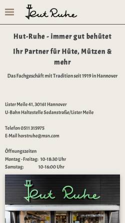Vorschau der mobilen Webseite www.hut-ruhe.de, Ruhe Hüte Schirme - Inh. Horst-Michael Ruhe