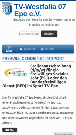 Vorschau der mobilen Webseite www.tv-epe.de, Turnverein Westfalia 07 Epe e.V.