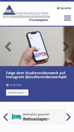 Vorschau der mobilen Webseite www.studierendenwerk-pb.de, Studentenwerk Paderborn