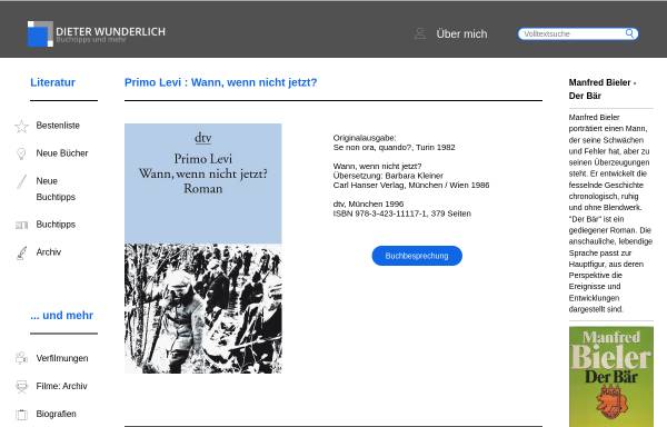Vorschau von www.dieterwunderlich.de, Primo Levi: Wann, wenn nicht jetzt?