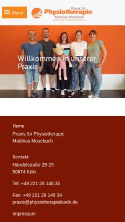 Vorschau der mobilen Webseite www.physiotherapiekoeln.de, Ria Adam & Matthias Mosebach, Praxis für Physiotherapie
