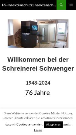 Vorschau der mobilen Webseite www.ps-insektenschutz.de, Schreinerei Schwenger