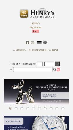 Vorschau der mobilen Webseite www.henrys.de, Henry's Auktionshaus AG