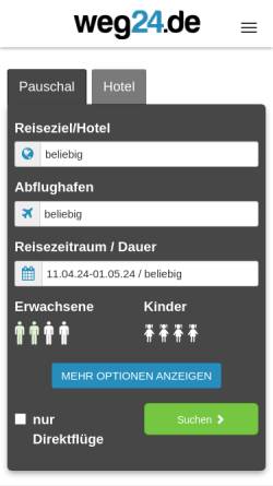 Vorschau der mobilen Webseite www.weg24.de, Weg24.de online Reisebüro