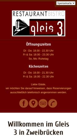 Vorschau der mobilen Webseite www.gleis3-zweibruecken.de, Restaurant Bistro Gleis 3