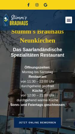 Vorschau der mobilen Webseite www.stumms-brauhaus.de, Stumms Brauhaus Turm Gastro GmbH