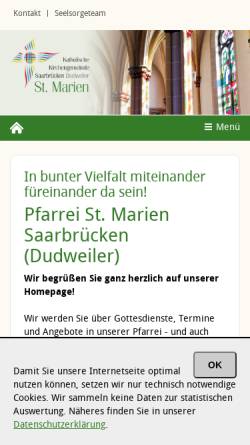 Vorschau der mobilen Webseite www.dudokirche.de, Katholische Pfarrgemeinde St. Marien Dudweiler