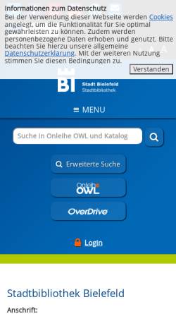 Vorschau der mobilen Webseite www.stadtbibliothek-bielefeld.de, Stadtbibliothek Bielefeld